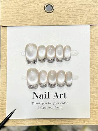 10pcs Handmade Nails Square Nails Press On Nails Short Medium, Minimalism White Nails, Silver Glitter Powder French Tip Nail, Flashy Cateye, Simple Elegant Handcrafted Autumn Nails, Fall Press On Nails, Festival Nail Party Daily & Dating Use Beach Tropical Getaway Suitable,DIY False Nail Art Suitable For Women & Girls As Gift Nail Supplies