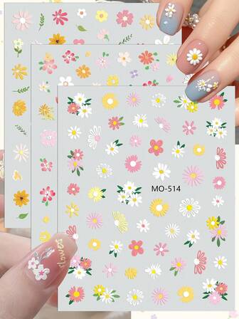 3 Sheets 5D Daisy Flower Nail Stickers, Colorful Spring Summer Floral Nail Art Decals For Cute Pastel Jelly Manicure