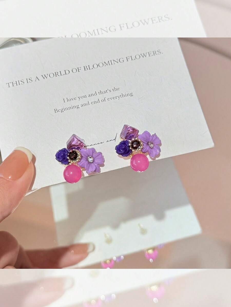 法式多元素紫花耳环韩式日式精致迷人耳钉情人节妈妈母亲母亲节礼物 - 紫色 - 查看 1