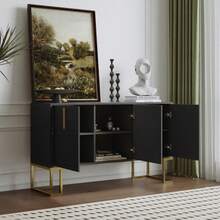 Modern 3-Door Sideboard With Adjustable Shelves, U-Shaped Cabinet Doors, Metal Handles And Base For Dining Room And Kitchen (Navy Blue) - 黑色 - 查看 4