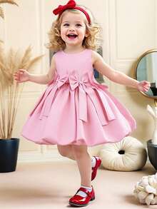 Baby Girls' Round Neck Bow Tie Back Ribbon Satin Cute Birthday Party Puff Dress, Suitable For Flower Girl, Wedding, Holiday, Does Not Include Headband - Pink - View 4