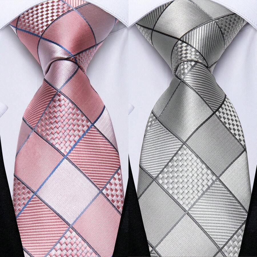 Men Business Tie Grey Blue Coral Pink Ties Floral Geometric Checks Fashion Necktie Set With Hanky,Cufflinks,Dinner Event School,Boys,Christmas Gift - Multicolor - View 1