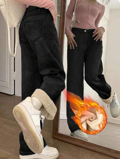 街头风直筒斜插口袋加厚牛仔保暖低腰牛仔裤，秋冬保暖裤，Y2K音乐节必备