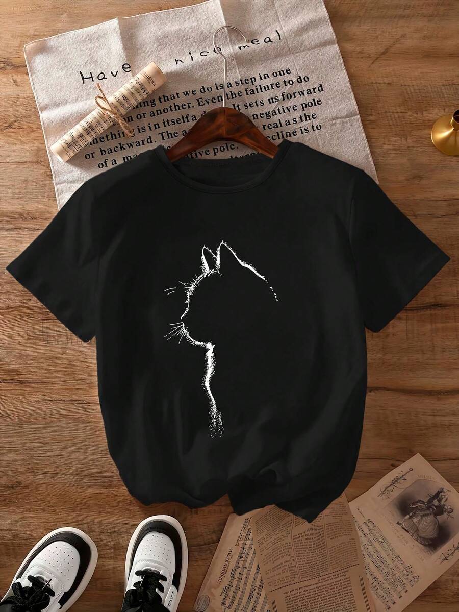 大码印花猫咪剪影T恤，休闲舒适，适合日常穿着 | 夏季 - 黑色 - 查看 1