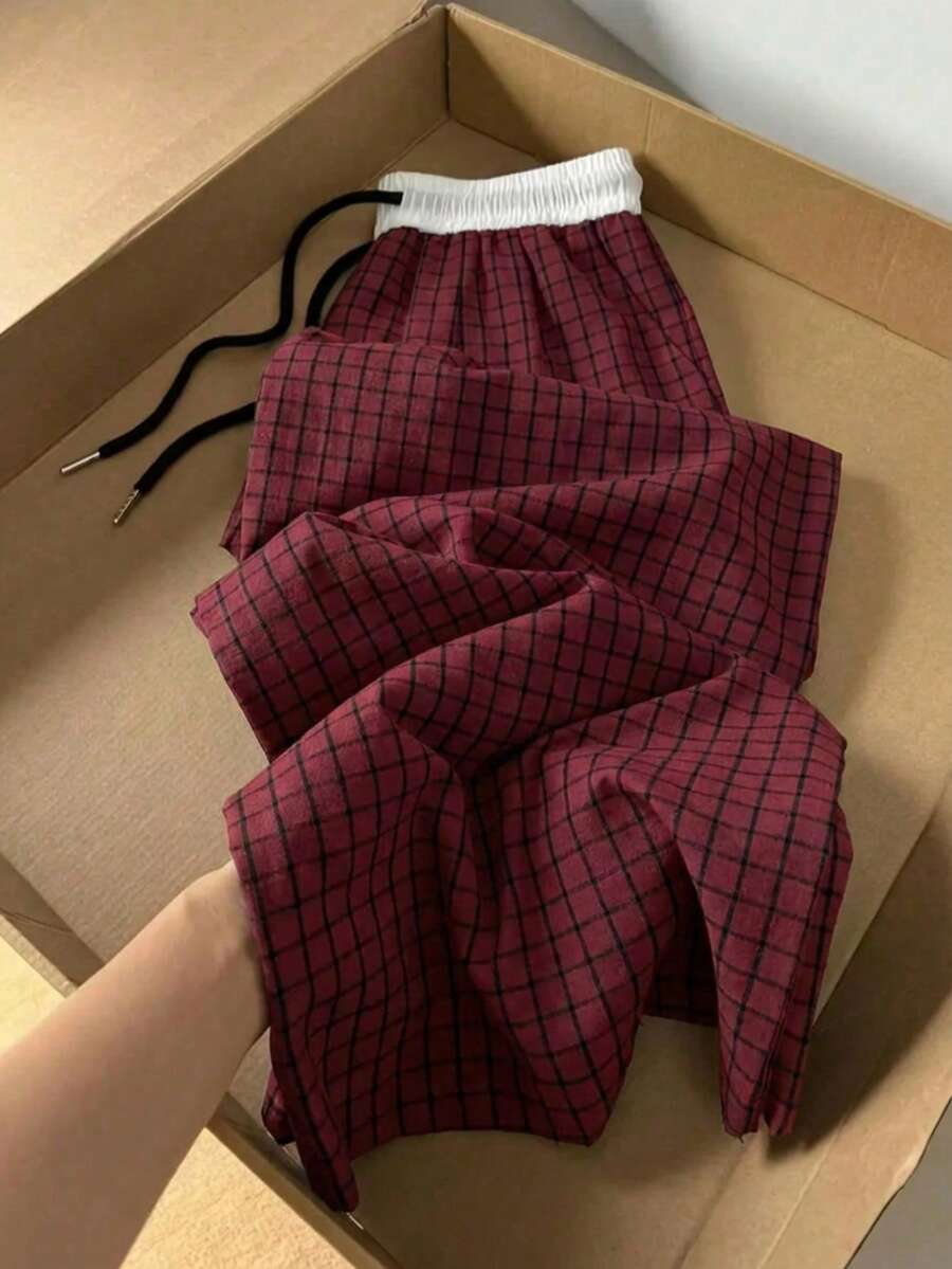 SAOYANGYU Women's Casual Plaid Elastic Waist Drawstring Wide Leg Pants, 145G Woven Fabric Spring - Burgundy - View 1