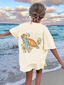 Tween Girls' Casual Stylish Creative Minimalist Sea Turtle Graphic T-Shirt, Suitable For Children's Summer Top, Teens Shirt - Apricot - View 2