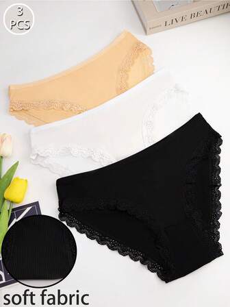 3pcs Women's Multicolor Striped Panties, Lace Trim Design, Breathable Fabric, High Elasticity, Comfortable And Sweat-Absorbent