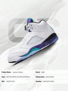 Nike Jordan 5 Retro Grape (2025)– Men's/Women's Lifestyle Sneakers – Shoes For Unisex -Vintage-Spring & Summer-Inspired Running Shoes, Shock-Absorbing Comfort, Gym To Streetwear Casual Wear-Easter Gift–HQ7978 100 - White/Grape Ice-New Emerald - 查看 6