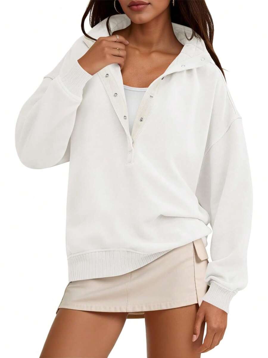 Fisoew Women's Oversized Sweatshirt Pullover - Long Sleeve Snap Button Henley Neck Loose Fit Top | Y2K Grunge, Clean Girl Aesthetic, Athleisure | Casual Fall Fashion - 白色 - 查看 1