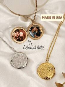 Personalized Round Gold Photo Locket Necklace, Photo Necklace, Photo Locket, Memorial Frame Pendant, Best Gift, Black, Silver, Gold, Fashion, Colorful, Retro, Simple, Unisex, Casual, Cute, Customized, Personalized, Unique, Ideal Gift For Him, Ideal Gift For Her - Nhiều màu - Xem 1