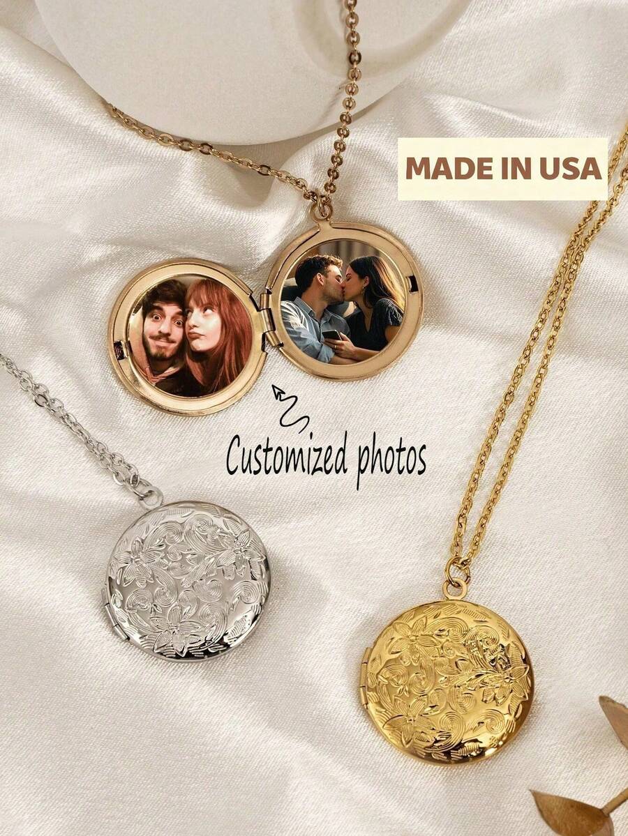 Personalized Round Gold Photo Locket Necklace, Photo Necklace, Photo Locket, Memorial Frame Pendant, Best Gift, Black, Silver, Gold, Fashion, Colorful, Retro, Simple, Unisex, Casual, Cute, Customized, Personalized, Unique, Ideal Gift For Him, Ideal Gift For Her - Nhiều màu - Xem 1