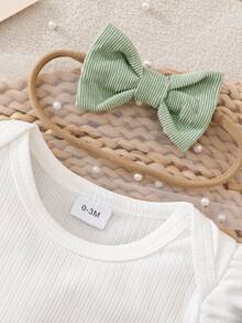 طقم بودي سويت بأكمام قصيرة للبنات الصغار + فستان بنطلون مع جيوب، زينة بفيونكة وأزرار راتنجية - متعدد الألوان - مشاهدة 4