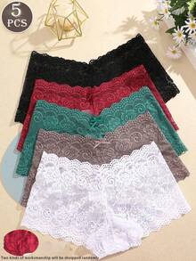 5pcs/Set Women's Lace Pattern Breathable Christmas Color Bikini Panties, Comfortable Daily/Gift Underwear Set - Multicolor - View 2