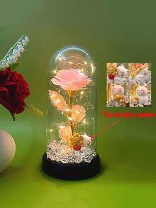 LED Glowing Rose Flower Lamp With Plastic Cover, Decorative Artificial Flower, Maneki-Neko (Lucky Cat) Home Decor, Desktop Ornament, Mother's Day/Graduation Gift, Birthday/Housewarming/Anniversary Present (Random Cat) - Multicolor - View 13