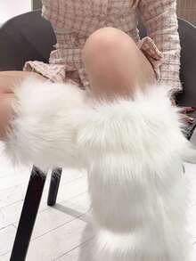 1pair Women's Fur Leg Warmers Furry Fuzzy Long Boot Cuff Covers, Fall / Winter - White - View 2