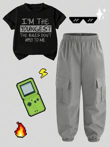 Young Boy Letter Print Short Sleeve T-Shirt And Cargo Pants Set - Grey - View 2