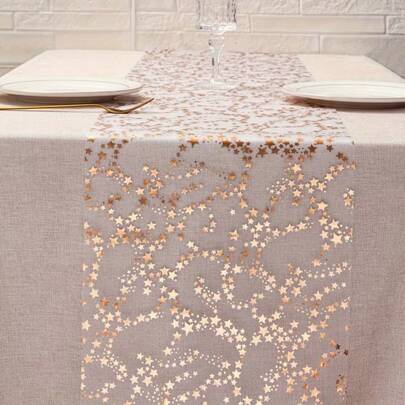 1pc 11*197 Inch Polyester Star Patterned Table Runner, Available In Multiple Colors, Metallic Foil Finish, Suitable For Home Decor, Christmas, New Year, Ramadan, Eid Al-Fitr, Eid Al-Adha, Smooth Texture, Fabric, Great For Banquet Tables, Birthday Parties, Carnivals, Kitchen, Dining Room, Weddings, Engagements, Outdoor Patios, Garden Parties, Holiday Gatherings