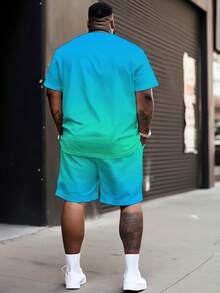 Men's Minimalist Vacation Style "Gradient Palm Tree" Pattern Sports Set - Polyester Knit Fabric, Round Neck Design, Drawstring Shorts, Pocket Details, Regular Fit, Suitable For Plus Size - Mint Blue - View 2