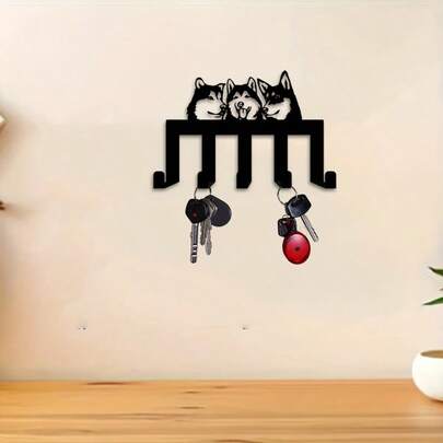 CIF BUY 1. 现代动物造型壁钩 - 可爱的哈士奇犬壁饰，配有 5 个挂钩，坚固耐用的铁质结构，简约的玄关收纳架，适用于走廊和卧室