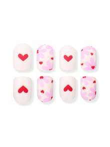 24片短方形美甲贴纸，法式浪漫哑光花卉爱心设计，适合情人节美甲，简约甜美，全覆盖，易于粘贴，适合女性和女孩的日常生活和节日美甲。 - 彩色 - 查看 4