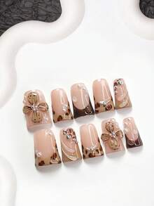 10pcs Autumn Acrylic Nail Art Set, Includes Press-On Nail Stickers, Almond-Shaped Nail Stickers, Square Nail Stickers, Duck Bill Nail Stickers, Brown Gel Nail Stickers, Leopard Print Nail Stickers, Pinched Flower Nail Decorations, Faux Pearl & Metal Bead Decorations, With Tool Kit, Suitable For Women & Girls, Daily Photography, Autumn/Winter Nail Care Nails Nail Supplies Handmade Press On Nails - Nhiều màu - Xem 2