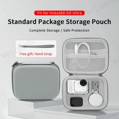 适用于 Insta360 GO Ultra 的中号便携包，采用耐用的 PU 皮革和 EVA 材料制成，有灰色和黑色可选，是旅行摄影、Vlog 和户外探险的理想之选，提供全面保护 | 可容纳并保护 GO Ultra 运动相机及其配件 | 便于携带 | 轻巧便携