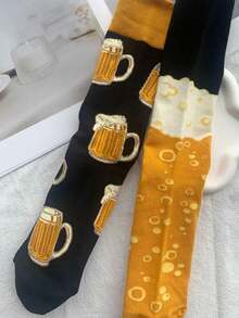1 Pair Men's Socks, Different Designs For Left And Right Feet (A And B Foot Types), Creative Cartoon Beer And Bubble Patterns, Couple Style, Fashionable Longer And Higher Mid-Calf Socks, Versatile For All Seasons - Multicolor - View 5