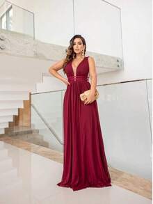 Vestido de Festa em Tule / Decote / Abertura nas Laterais / Longo para Formatura, Madrinha e Convidadas - Vinho - Visão 3