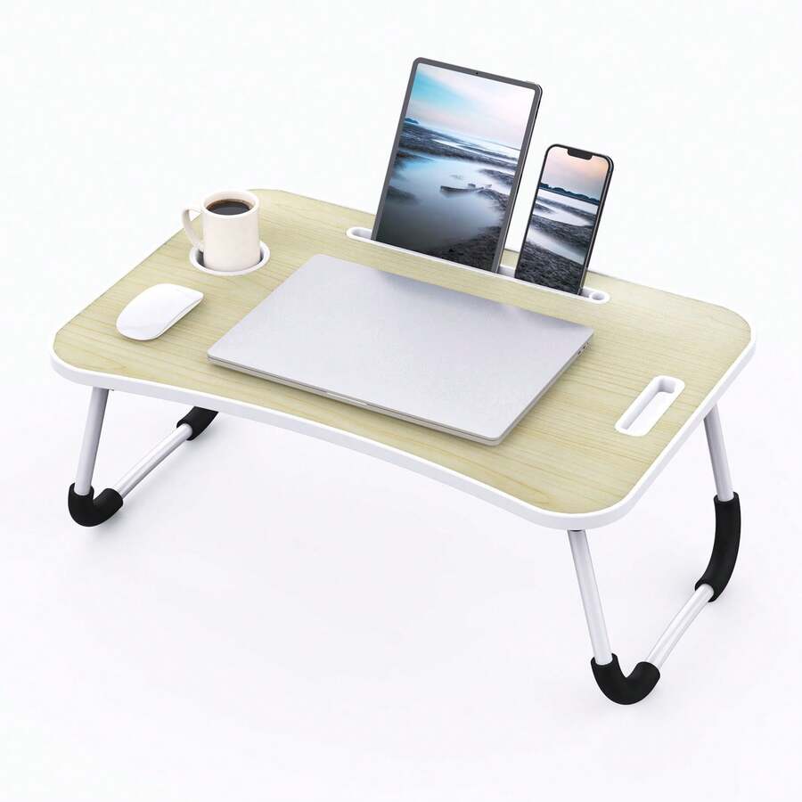 Folding Lap Desk, 23 Inch Portable Wood Black Laptop Bed Desk Lap Desk With Cup Holder, For Working Reading Writing, Eating, Watching Movies For Bed Sofa Couch Floor - 米色 - 查看 1