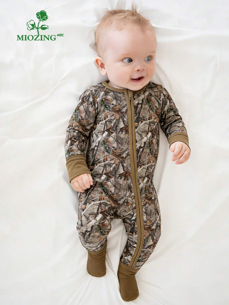 MIOZING Camouflage Print Baby Romper, Brown Trim Bamboo Zipper Jumpsuit, Long Sleeve Outfit, Autumn Winter Daily Wear&Photo Outfit For Baby Boys/Girls - 棕色 - 查看 1