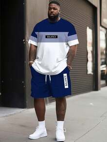 男士透气嘻哈 T 恤和短裤套装，黑白圆领 T 恤搭配抽绳短裤，涤纶面料，常规设计休闲装，加大码短袖和短裤套装，夏季