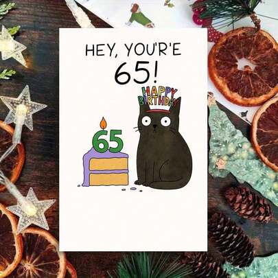 Whimsical 65th Birthday Greeting Card With Envelope - "Happy Birthday 65" Design, Cat Party Hat & Cake Scene, Perfect For Honoring 65th Milestones, Ideal For Birthday Gifting, Greeting Card|65th Birthday Cat Party Card|Paper Greeting Card, Milestone Themed Accessories