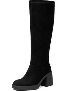 2025 New Fall Fashion Knee High Boots For Women Thick Heel Solid Color Side Zipper Square Toe Comfortable Classic Wide Calf Boots Winter Party Motorcycle Nightclub Shoes - 黑色絨面革 - 查看 11