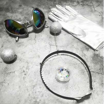 Novelty Cosplay Alien Glasses With Headband, Masquerade Party Gloves & Hair Accessories, Glitter Costume Props For Halloween, Valentine's Day, Christmas Party, Stage Performance