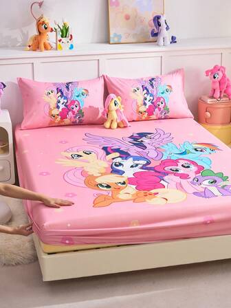  2/3pcs My Little Pony Printed Bedding Set, Including Fitted Sheet, Mattress Pad Cover, Soft & Breathable, Warm, Available In Multiple Sizes For Twin/Full/Queen/King Beds, Machine Washable, Cartoon Character Design, Cozy Room Decor, Great Gift
