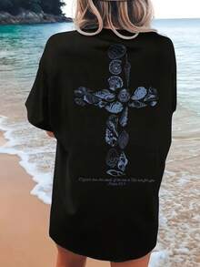 CHICLY19  Seashell Cross Ocean Nature Graphic Cotton Tee, Women's Beach Coastal Print T-Shirt, Casual Crew Neck Short Sleeve Oversized Cream Top, Nautical Aesthetic Cotton Tee For Summer - Black - View 9