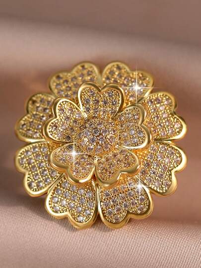 1pc Luxurious Large Floral Cubic Zirconia Engagement Ring, Elegant Romantic Unique Design, Adjustable Size, Suitable For Daily Wear, Engagement, Party, Jewelry Accessories And Gifts