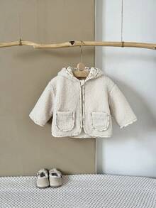 Baby Girl Plush Fleece Hooded Jacket With Ditsy Floral, Warm Winter Casual Outerwear - Apricot - View 4