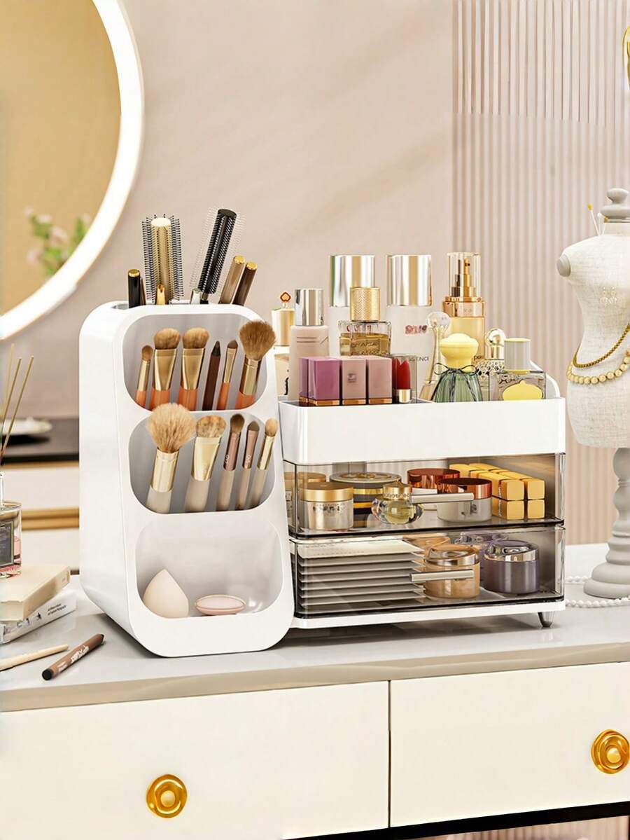 Large Capacity Makeup Organizer Rack, Suitable For Vanity, Bathroom, Bedroom And Office Desk, Easy Storage For Skincare, Makeup Brushes, Eyebrow Pencils, Lipsticks, Tiered Design With Spacious Feel