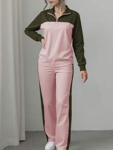 Women's Casual Set, Elegant Sports Suit With Polo Collar Loose Top And Wide Leg Pants, 2 Pieces Set, Suitable For Spring, Autumn And Winter - Pink 2 + Army Green 40 - View 4