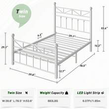 EnHomee Marco de cama LED de 54" con cabecera y pie de cama altos. Marco de cama de metal con espacio de almacenamiento debajo de la cama. No necesita somier. Silencioso. - Blanco - Ver 11