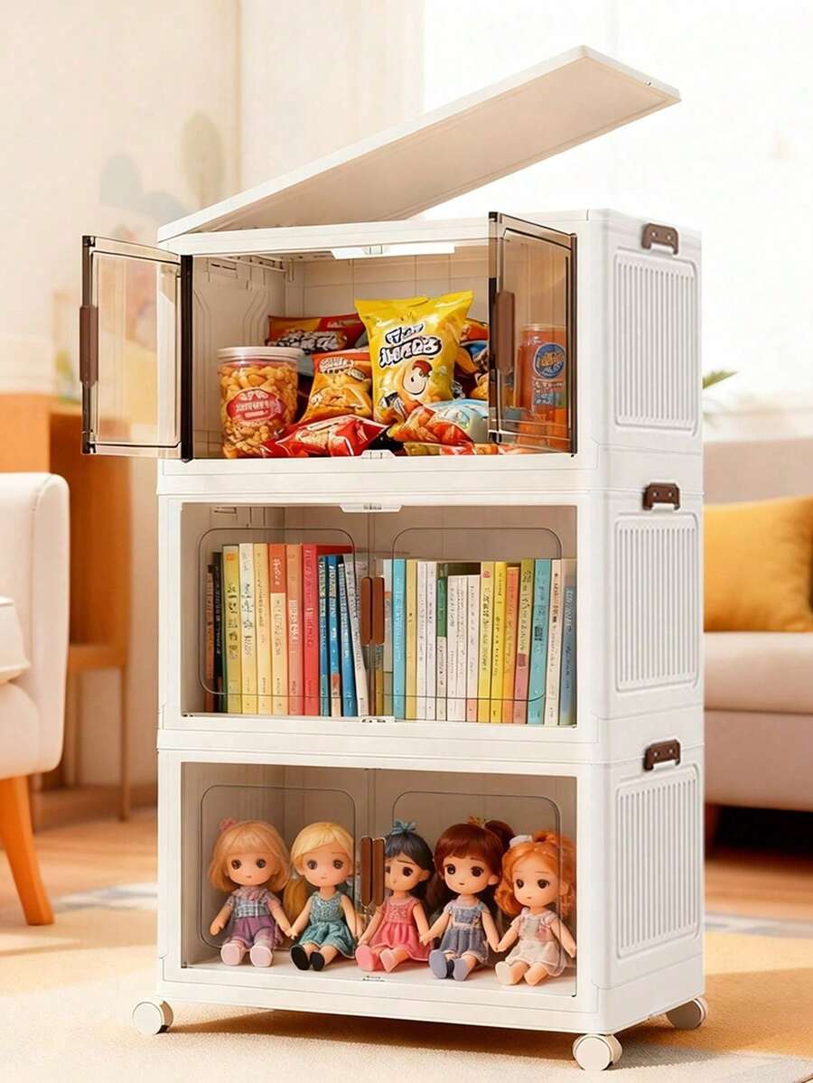 60CM-2/3/5 Layers White Wardrobe Storage And Storage Space, Stackable Storage Box With Wheels, Foldable Storage Box, Suitable For Home And Office, Transparent White - Black and White - View 1