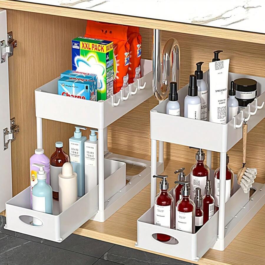 GROWSUN-2 Pack Under Sink Organizer, Bathroom Cabinet Organizer, 2 Tier Sliding Cabinet Basket Organizer Drawer, Multi-Purpose Bath Collection Baskets For Bathroom Under Counter Storage Organizer With 8 Hooks, Utility Racks - White - View 1