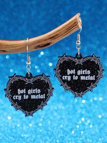 1 Pair Fashionable Creative Funny Personalized Unique Slogan "HOT GIRLS CRY TO METAL" Black Thorn Heart Shiny Acrylic Earrings, Suitable For Daily Commute Outfit, Gift, Jewelry - Multicolor - View 4