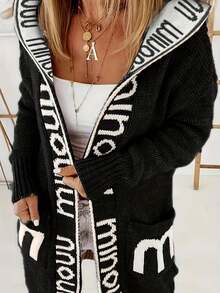 Áo khoác cardigan dài tay có mũ trùm đầu dành cho nữ, màu đen, thường ngày - màu đen - Xem 4