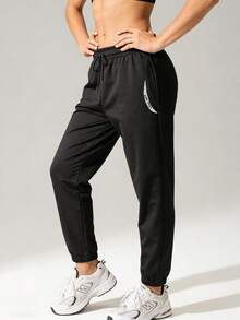Women's Casual Drawstring Sweatpants, Elastic Waistband Design, Suitable For Spring And Autumn. Perfect For Daily Wear, Jogging, Fitness, Sports And Hiking. - Black - View 3