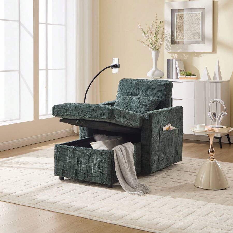 Reclining Armchair/Lounge Chair With Mobile Phone Holder, Single Armchair With Side Pockets And Large Storage Space, Chaise Lounge Suitable For Living Room, Bedroom And Reading Corner, Chenille - 綠色 - 查看 1