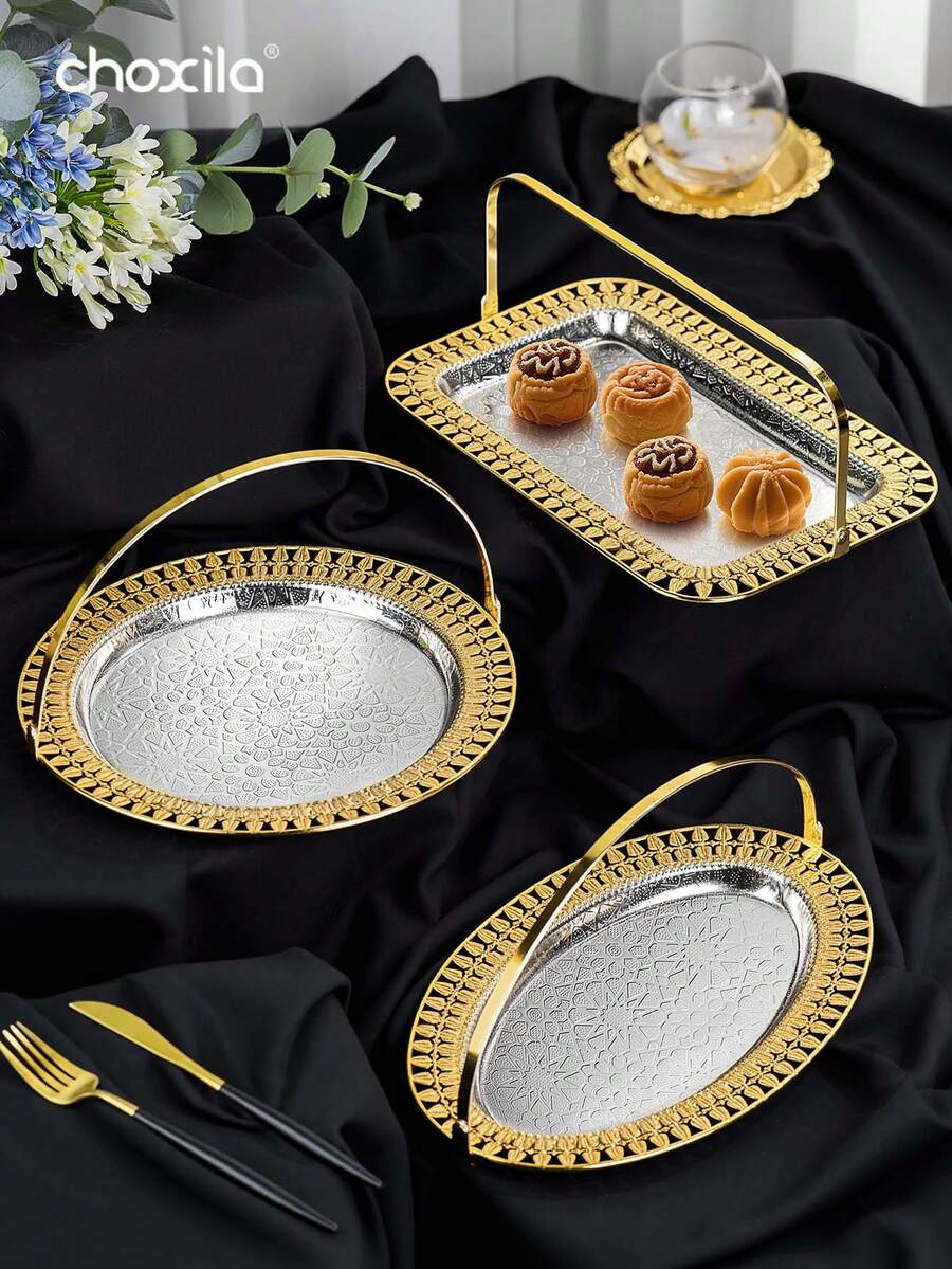 choxila 1 pieza Bandeja de metal con asa, bandeja de servir con estampado de fresa, bandeja para pasteles, aperitivos y frutas, bandeja decorativa, bandeja de almacenamiento para bodas/fiestas/campamentos/restaurantes/decoración del hogar. - Bandeja - Ver 1