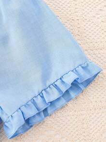 2pcs/Set Girls' Cute Bow Decor Vest & Shorts Set, Casual Outdoor Solid Color Vest And Shorts Outfit - Baby Blue - View 6