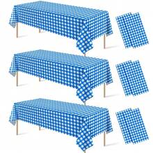 6Pcs Blue And White Gingham Tablecloth Decorations, Disposable Plastic Blue Checkered Tablecloth Buffalo Plaid Table Cover For Ba By Shower Bridal Wedding Birthday Party Supplies,54 X 108 Inch,Blue - 藍色 - 查看 1
